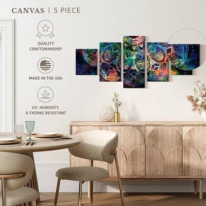 ElephantStock - Celestial Mandala Wall Art - Horizontal Multi Panel Canvas - 5 Piece Living Room Wall Decor - Digital Art Elements Multi Piece Wall Art - Turquoise And Blue Decor - 42" x 19"