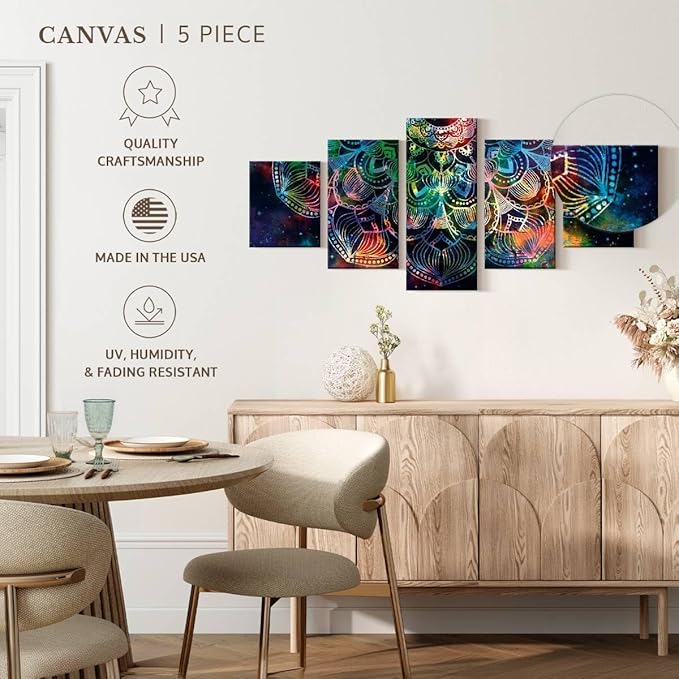 ElephantStock - Celestial Mandala Wall Art - Horizontal Multi Panel Canvas - 5 Piece Living Room Wall Decor - Digital Art Elements Multi Piece Wall Art - Turquoise And Blue Decor - 55" x 24"
