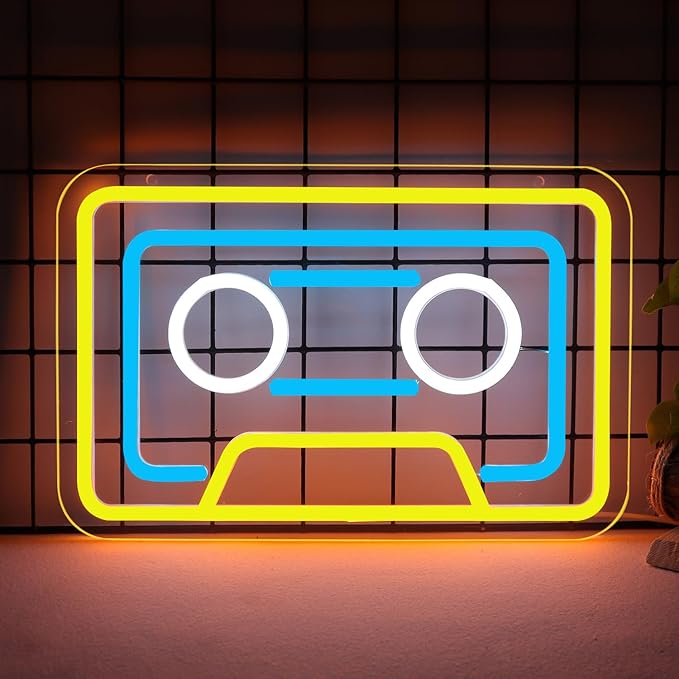 Retro Cassette Neon Sign Vintage Yellow USB Mood Light Music Studio Gaming Room Bar Bedroom Decor