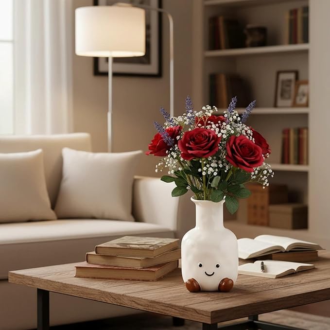 Handmade Ceramic Smile Vase-Cute White Ceramic Vase-White Modern Flower Vase-Round Aesthetic Table Flower Vase-Funny Decor AccentPot for Indoor and Outdoor vase