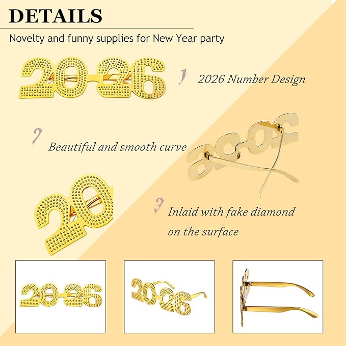 Konohan 6 Pcs 2026 New Year Eve Glasses Glitter Number Sunglasses Eyeglasses for New Years Party Supplies Festival Photo Prop(Colorful)