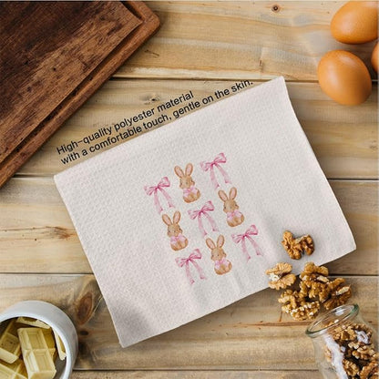 Coquette Pink Bow Easter Bunny Kitchen Towels Set of 2, CuteEaster Hand Towels, Easter Bunny Ears Dish Towels Dishcloths Tea Towels for Kitchen, EasterKitchen Bathroom Decor, 16x24 Inch