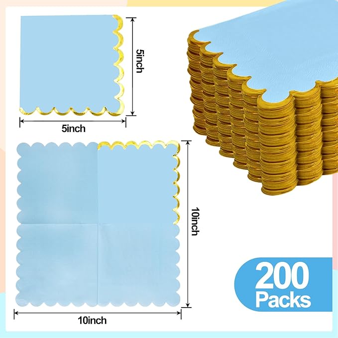 200 Pack Blue Paper Napkins Gold Foil Scalloped Cocktail Napkins Blue Disposable Beverage Napkins for Blue Themed Party Supplies Birthday Baby Shower Wedding Dinnerware Tableware Decorations