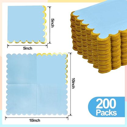 200 Pack Blue Paper Napkins Gold Foil Scalloped Cocktail Napkins Blue Disposable Beverage Napkins for Blue Themed Party Supplies Birthday Baby Shower Wedding Dinnerware Tableware Decorations