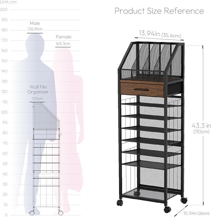 SWTYMIKI 9-Tier Rolling File Cart - Paper Organizer with Drawer and Trays, Wood Desk Office Organizer, Office Organization and Binder Storage for Workspace, Home, School, Espresso