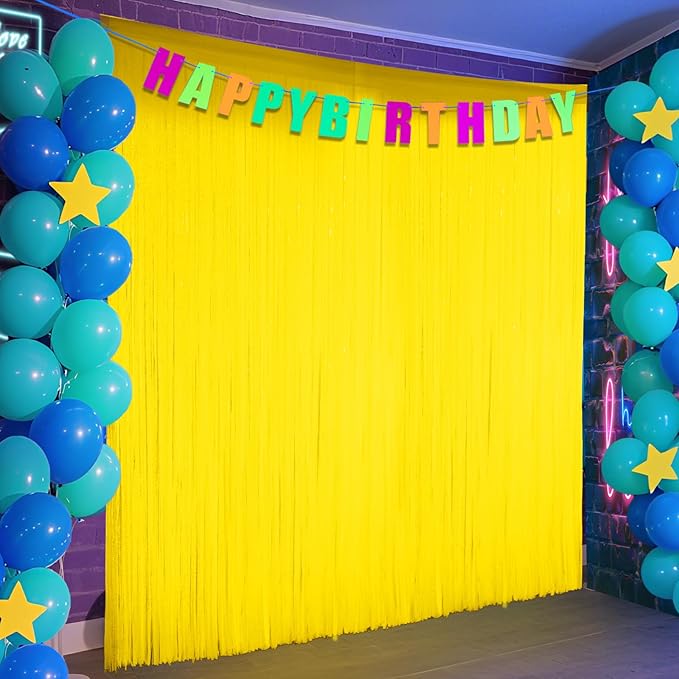 2 Pack Glow in The Dark Party Supplies 3.3 x 6.6 ft Neon Party Decorations Fluorescent Macaron Yellow Tinsel Foil Fringe Curtains Photo Booth Prop Backdrop Streamers Blacklight Party Decor