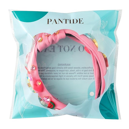 PANTIDE Floral Jeweled Knotted Headband - Rainbow Rhinestone Crystal Embellished Headband Wide Top Knot Fashion Hairband Hair Accessories Spring Summer Birthday Gift for Women Girls (Pink)