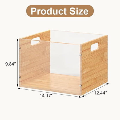 Clear Acrylic File Box Organizer, Bamboo Hanging Folder Storage Boxes, Filing Crate Bin Holder with Handle for Home Office Desk, Letter Size