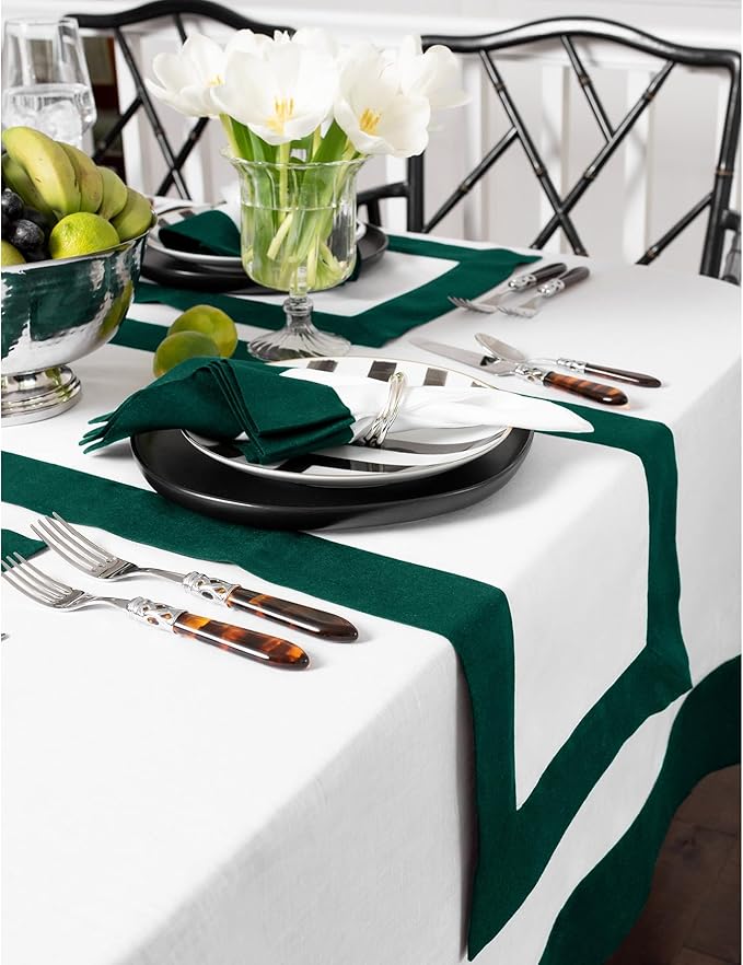 Solino Home Linen Table Runner 90 Inches Long - Rainforest and White 100% Pure Linen 14 x 90 Inch Table Runner for Dining, Fall, Autumn, New Year, Winter, Christmas - Contempo