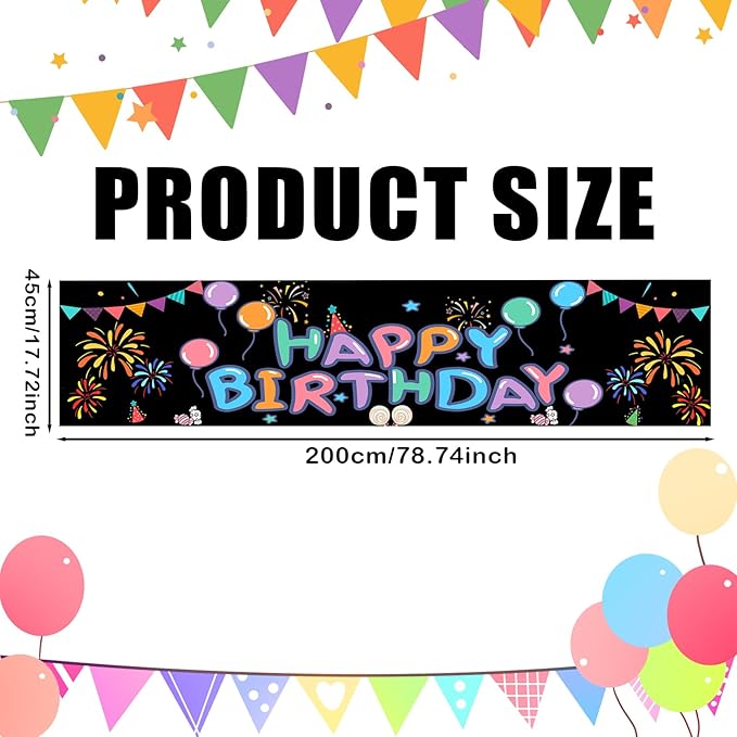 Nuxovilar Happy Birthday Banner Decorations 17.72x78.74 Inch Colorful Fireworks Theme - Polyester for Indoor Outdoor Birthday Party Decor