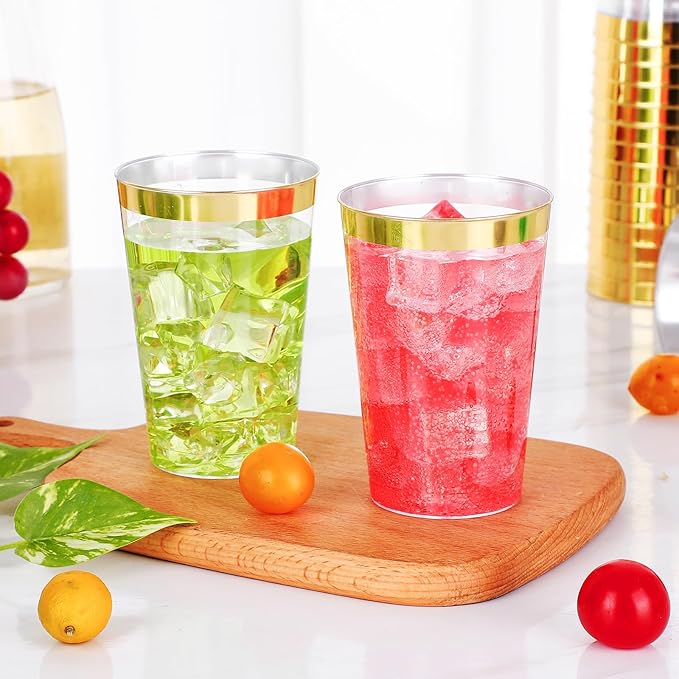 100 Pack 12 oz Gold Plastic Cups, Disposable Clear Plastic Cups for Cocktail Party With Heat Resistance (12oz 100count Gold)