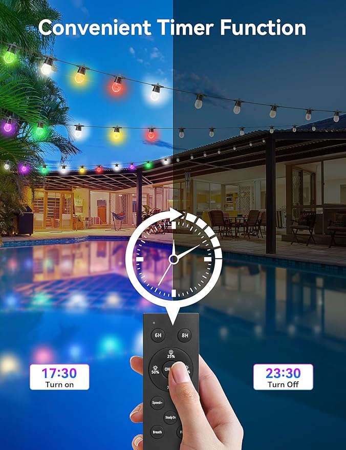 Brightever LED Outdoor String Lights 100FT Patio Lights with 32 S14 LED Edison Bulbs, Dimmable&Speed Adjustment, Plug in IP65 Waterproof Hanging Lights with Remote for Outdoor Indoor Christmas Decor