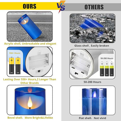 NURADA Flameless Candles: LED Pillar Acrylic Electric Battery Candles with Remote and Timer for Wedding Party Home Valentine Romantic Decor - Pack of 3 Blue