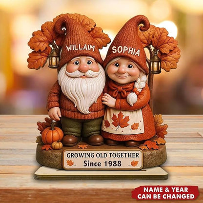 Personalized Gnome Couple Figurine, Growing Old Together Since 1988, Custom Autumn Decoration, Unique Fall for Couple, Engraved Family Ornament for Parents and Grandparents