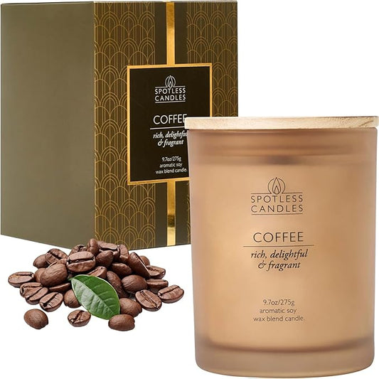 Coffee Candle - 9.7oz Frosted Jar Candles with Wooden Wick in Gift Box & Branded Shipper- Coffee Scented Candle