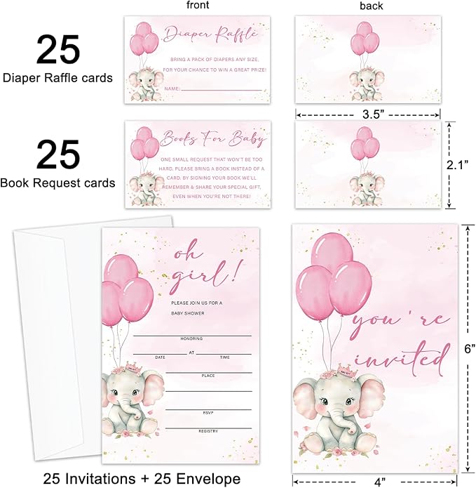 Pink Elephant Baby Shower Invitations for Girl, Girl Baby Shower Invites with Envelopes, Set of 25 Gender Reveal Invites Cards with Envelopes & Book Request Cards & Diaper Raffle Tickets -09
