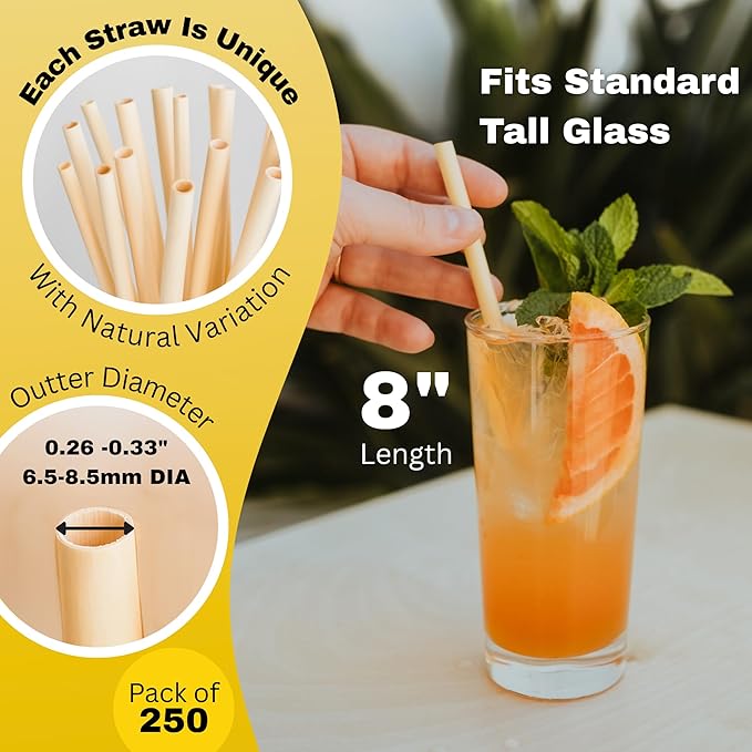 HAY Compostable Drinking Wrapped Straws 8 Inch Jumbo for Smoothies Milkshake Iced Coffee - 250 Count Biodegradable Never Soggy Plant Based Disposable Eco Friendly - Plastic Free Natural Tall Straws