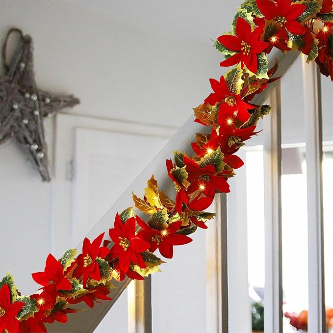 Glintoper Christmas Poinsettia Garland, 9 FT Lighted Artificial Garlands with Red Flowers, Battery Operated with Timer Poinsettia String Lights, Light up for Xmas New Year Holiday Home Decor