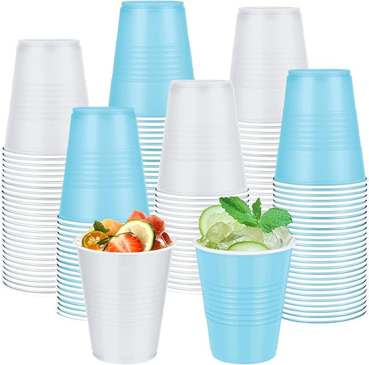 100 Pcs Blue and White Plastic Cups 12 oz, Bulk Light Blue Disposable Party Graduation Cups for Graduation Bachelorette Wedding Birthday Baby Shower Bridal Theme Party Supplies Decorations