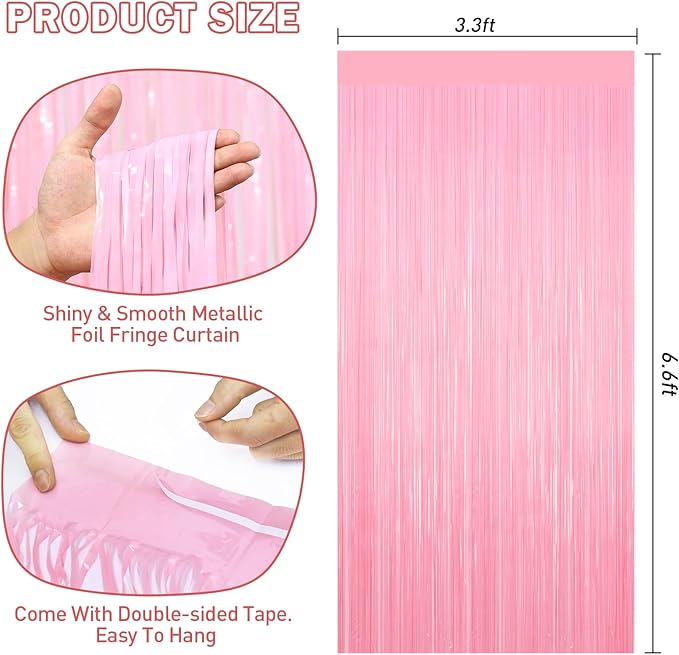 Pastel Pink Tinsel Backdrop Foil Fringe Curtains - 2 Packs Door Streamers Backdrop for Birthday Door Decorations, Party Supplies for Bachelorette, Graduation, Christmas, Disco Decor