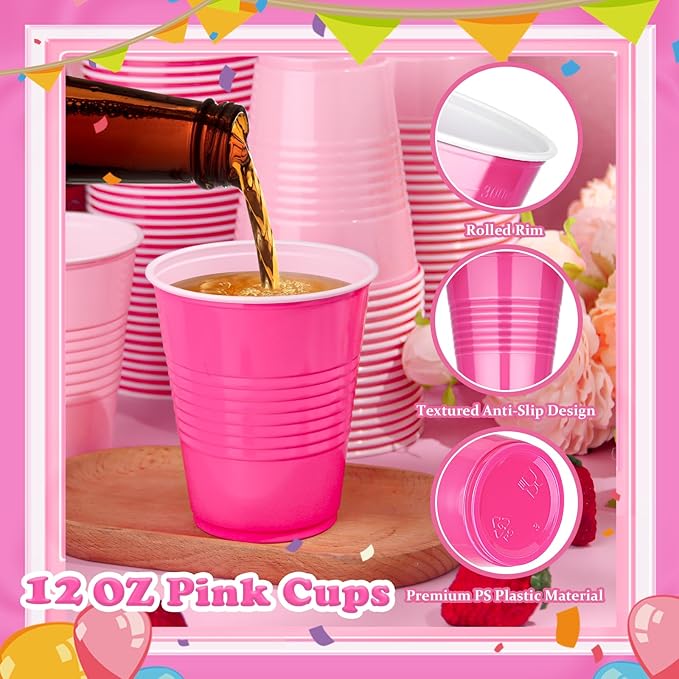 KesaPlan 100 PCS 12 OZ Plastic Cups, Party Cups Light Pink and Hot Pink Cups Disposable Drinking Cup Bulk For Bachelor Party Christmas Graduation Wedding Birthday Halloween Picnic Festive Celebrations