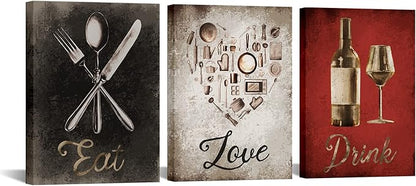 iKNOW FOTO 3 Piece Canvas Wall Art Set 'Eat, Drink, Love' Inspirational Quote Prints for Kitchen, Dining Room, Restaurants Ready to Hang 12x16 Inches Each