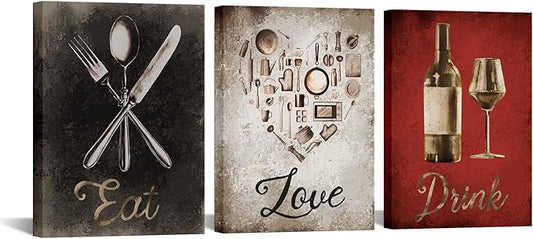 iKNOW FOTO 3 Piece Canvas Wall Art Set 'Eat, Drink, Love' Inspirational Quote Prints for Kitchen, Dining Room, Restaurants Ready to Hang 12x16 Inches Each