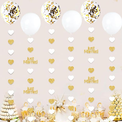 Gold Just Married Wedding Party Decorations Gold/White Heart Just Married Garland and Balloons for Wedding Bridal Shower Party