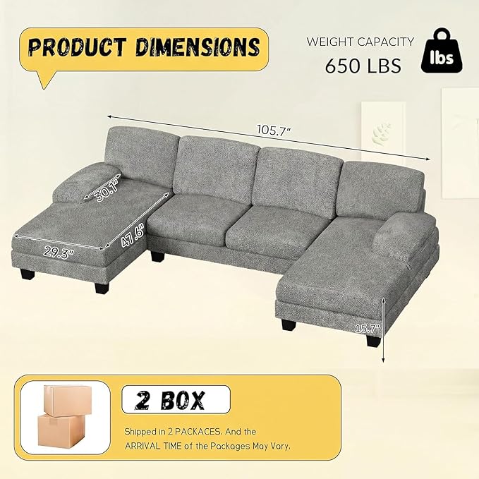 JUMMICO Sectional Couches for Living Room, U Shaped Couch with Chenille Fabric, 4 Seat Modern Sofa with Removable Pillows for Apartment and Small Space (Loop Yarn, Pearl Gray)