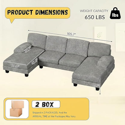 JUMMICO Sectional Couches for Living Room, U Shaped Couch with Chenille Fabric, 4 Seat Modern Sofa with Removable Pillows for Apartment and Small Space (Loop Yarn, Pearl Gray)