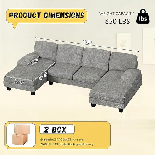 JUMMICO Sectional Couches for Living Room, U Shaped Couch with Chenille Fabric, 4 Seat Modern Sofa with Removable Pillows for Apartment and Small Space (Loop Yarn, Pearl Gray)
