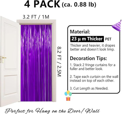 Thicken Purple Streamers 4 Pack 3.2 x 8.2 FT, Purple Birthday Decorations Tinsel Backdrop Curtains, Foil Fringe Photo Backdrop for Halloween, Graduation Party Decorations
