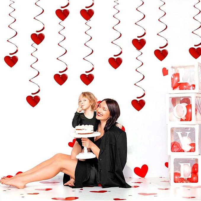 Red Heart Swirls Party-Decorations - 18Pcs Romantic Special Night Galentines Hanging Streamers Garland, Girl Wedding Anniversary Baby Bridal Shower Birthday Decor Supplies Hugtmr