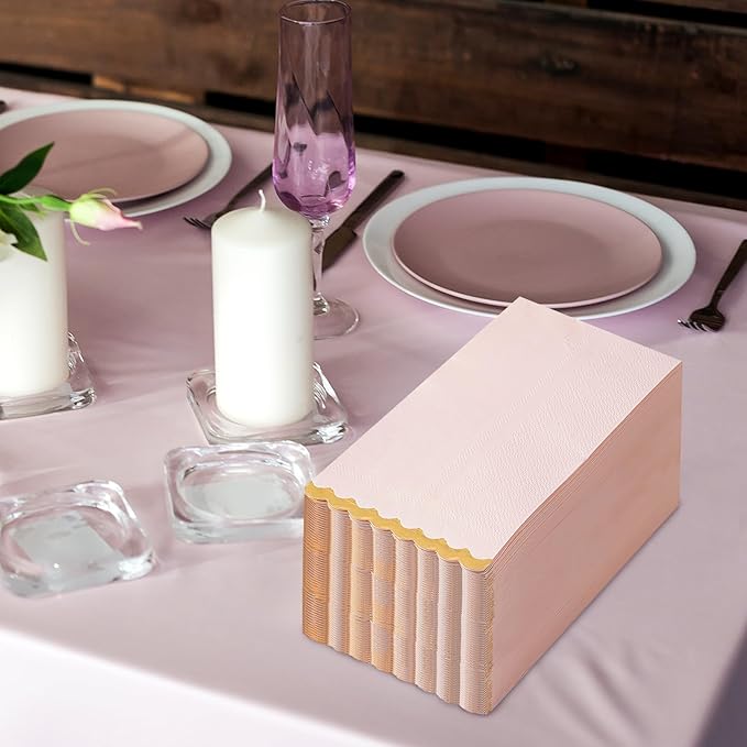 50 Pink Paper Napkins Decorative, Gold Foil Scalloped Edged Guest Napkins Disposable, Dinner Napkins for Wedding, Shower Baby, Birthday Parties Supplies(4 x 8 In, Pink)