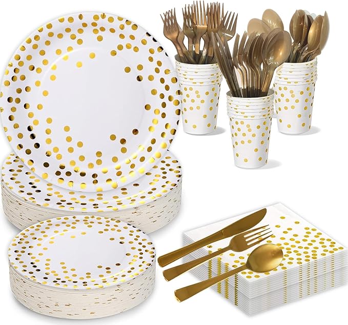 175pcs Premium White Gold Paper Plates Napkins, Golden Dot Party Supplies Set Severs For 25 Guests Paper for Birthday Baby Shower