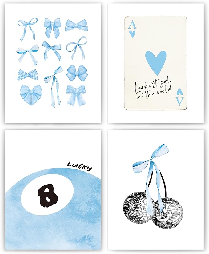 okaxscm Blue Coquette Trendy Preppy Wall Art Prints Set of 4, Coquette Room Decor, Preppy Room Decor Aesthetic, Blue Bow Disco 8 Ball Cherry Wall Decor Posters for Girls Bedroom Dorm, 8x10 Unframed