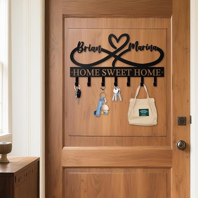 Personalized Key Holder for Wall - Custom Couple's Name with Love Symbol - Metal Key Holde Wall Mount Hooks for Bedroom Entryway, Couples Gifts, Home Sweet Home Decor (03-Love)