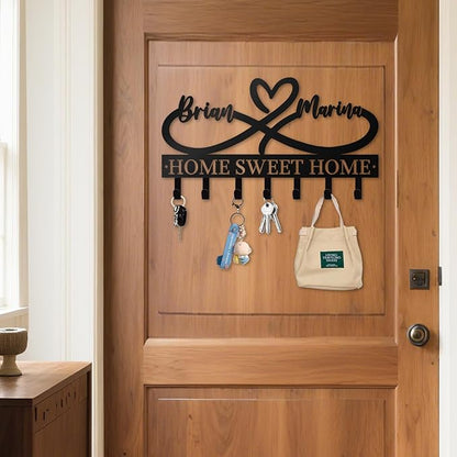 Personalized Key Holder for Wall - Custom Couple's Name with Love Symbol - Metal Key Holde Wall Mount Hooks for Bedroom Entryway, Couples Gifts, Home Sweet Home Decor (03-Love)