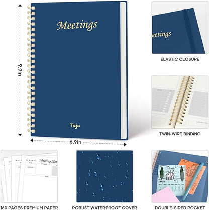 Taja Meeting Notebook for Work Organization - Work Planner Notebook with Action Items, Agenda Planner for Note Taking, 160 Pages (6.9" X 9.9") Project Organizer for Men & Women - Navy Blue