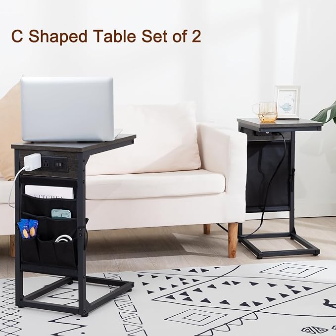 AMHANCIBLE Couch Table, C Shaped End Table with Charging Station, TV Tray Set of 2, Side Table with Storage for Couch, Dark Grey HET04CDG