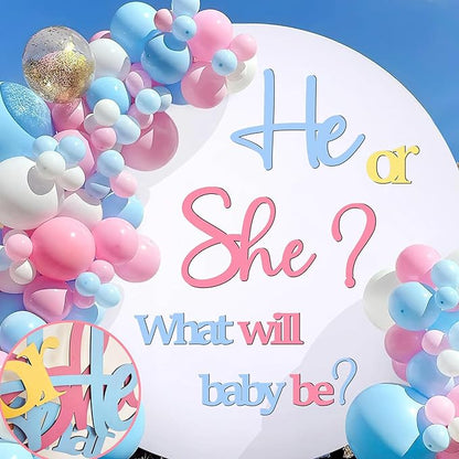 Large Wooden Gender Reveal Party Signs for Backdrop He or She Sign Decoration Decals Peel and Stick What Will Baby Be Decor Sticker for Balloon Arch Baby Gender Welcome Sign Girl or Boy Party Supplies