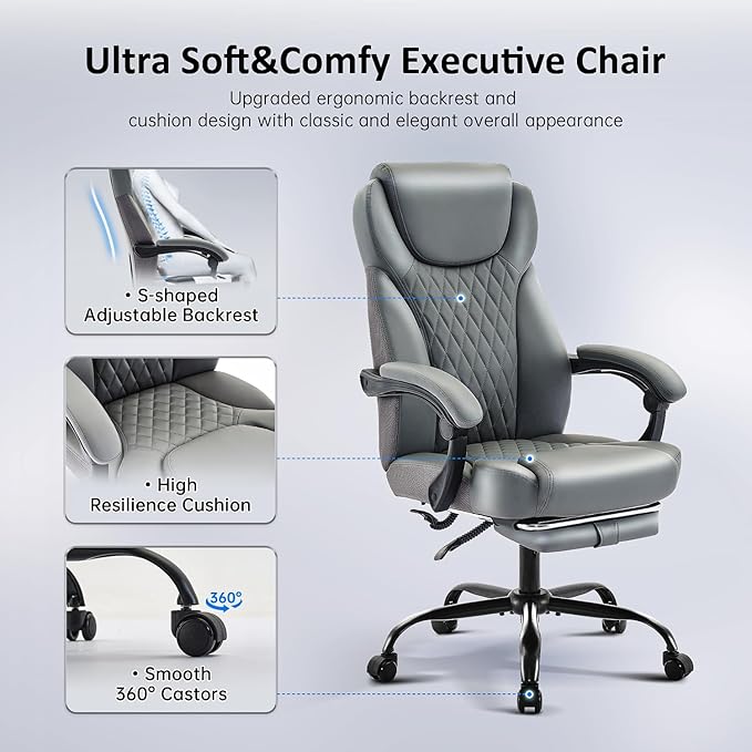 Office Chair, Big and Tall Office Chair with Foot Rest Ergonomic Chair Home Office Desk Chairs Reclining High Back Leather Chair with Lumbar Support(Gray)