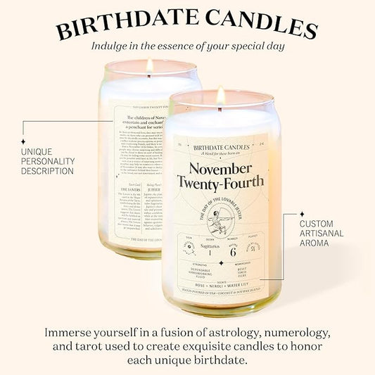 Birthdate Candles, November 24 - Sagittarius Zodiac Scented Candles Birthday Gift - Rose, Neroli & Water Lily Scent - All-Natural Soy & Coconut Wax, 60-80 Hour Burn Time - Made in USA