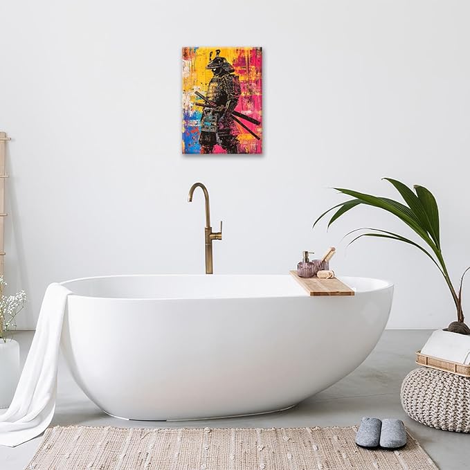 Japanese Wall Art, Graffiti Samurai Pictures Wall Decor, Banksy Samurai Canvas Prints, Japan Painting, Framed Artwork for Bathroom Living Room Bedroom Office Dining Room 24"X20"