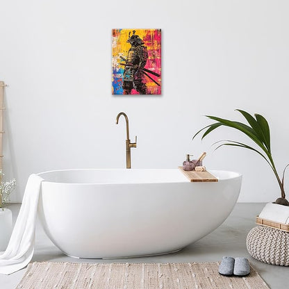 Japanese Wall Art, Graffiti Samurai Pictures Wall Decor, Banksy Samurai Canvas Prints, Japan Painting, Framed Artwork for Bathroom Living Room Bedroom Office Dining Room 24"X20"