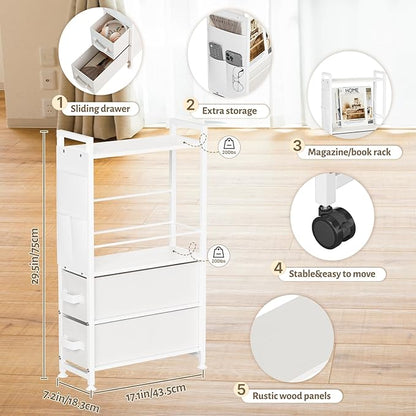2 Drawer Small Narrow Side End Table for Small Spaces, Slim Nightstand Bedside Sofa Table with Wheels, Space Saving Skinny Thin Couch Desk with Storage Bag for Bedroom Living Room Bathroom,White