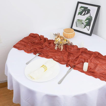 Snowkingdom 6PCS 10Ft Terracotta Cheesecloth Table Runner Bulk, 120inch Long Rust Cheese Cloth Boho Gauze Runner for Wedding Bridal Shower Rustic Sheer Fall Thanksgiving Table Decorations
