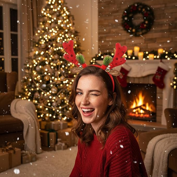 Christmas Headband - Glitter Christmas Headbands for Women - Red Sequin Reindeer Antlers Headband for Winter Party Decorations - Dress Accessories - Cosplay Costume