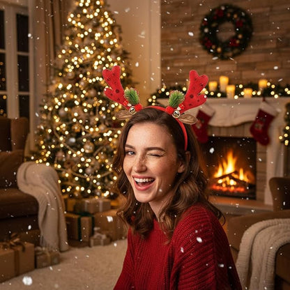 Christmas Headband - Glitter Christmas Headbands for Women - Red Sequin Reindeer Antlers Headband for Winter Party Decorations - Dress Accessories - Cosplay Costume