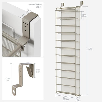 Whitmor 36 Pair Over The Door Shoe Organizer, 12 Tier Hanging Shoe Organizer, Heavy Duty Metal & Mesh Shoe Holder, Hanging Shoe Rack for Closet Organizer & Storage, 69"L x 21.7"W x 7.5"H, Mocha